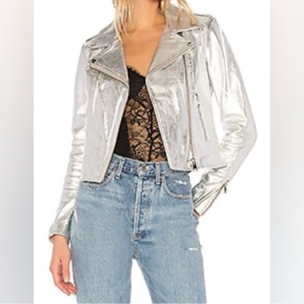 Lamarque Metallic Silver Leather Jacket